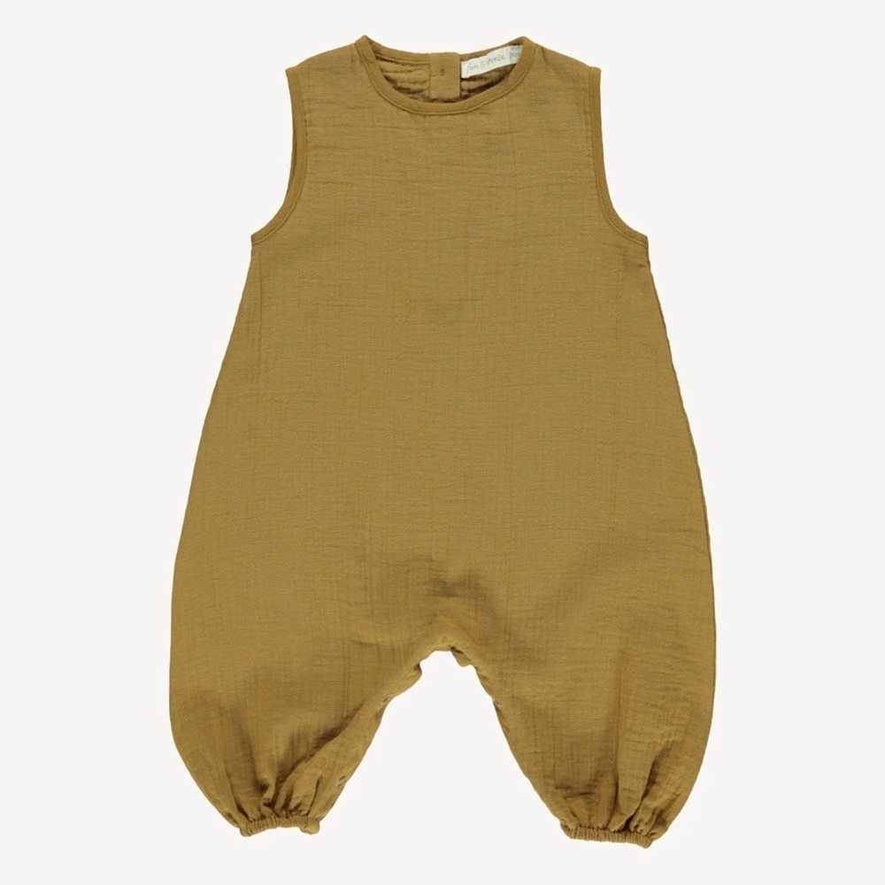 Fin & vince olive mustard Green Sleeveless Baby Romper cotton 6/12m